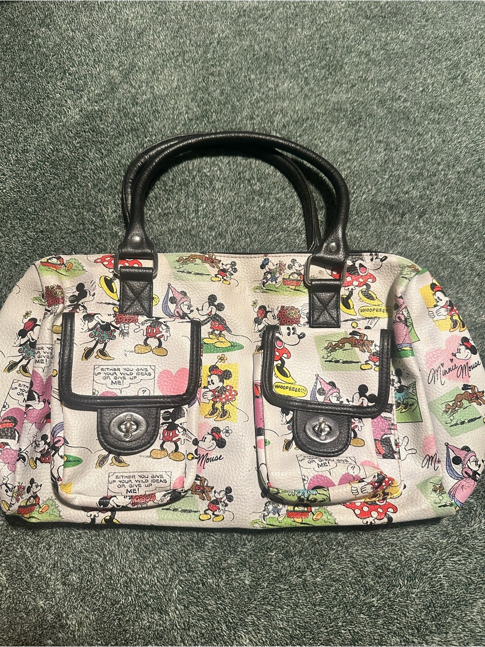 Disney White Cartoon Print Satchel with Black Trim